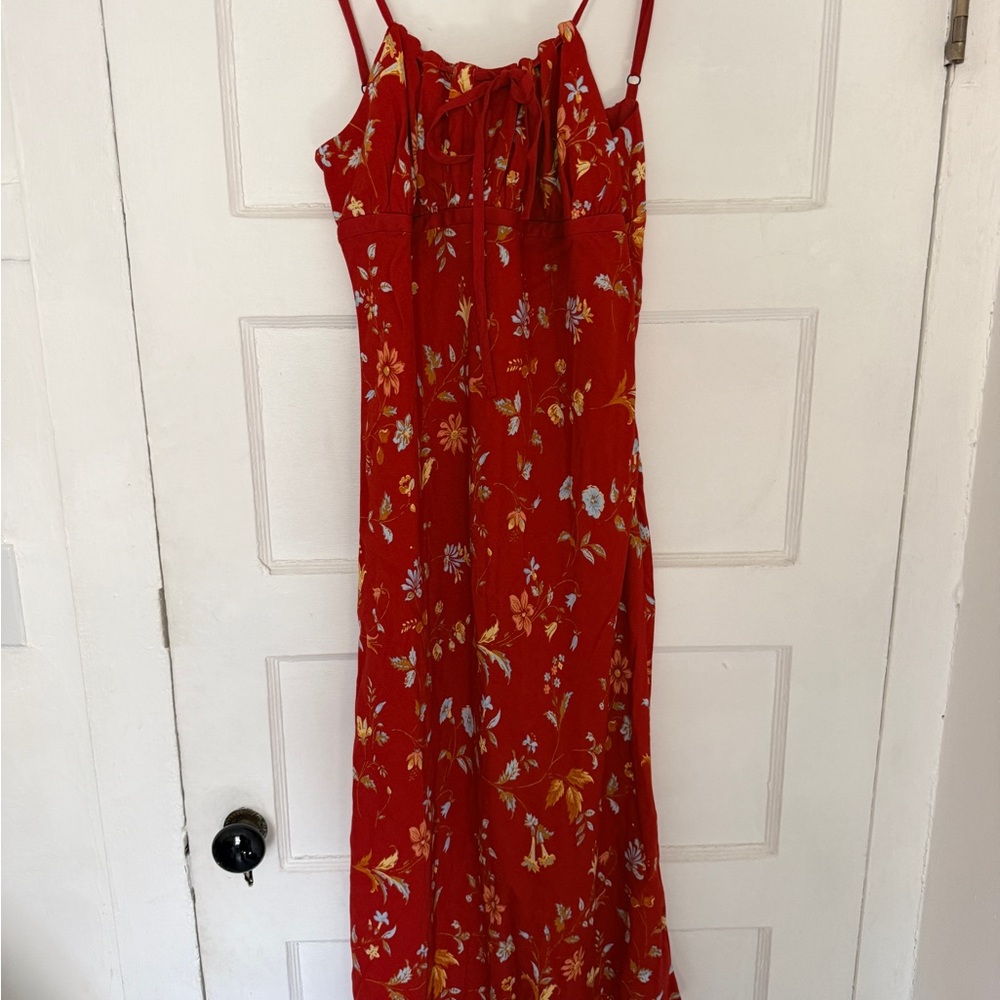 Reformation Red Floral Midi Dress with Spaghetti Straps
